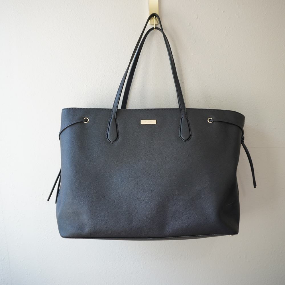 Kate Spade New York Black Saffiano Leather Drawstring Tote Bag Gold Hardware